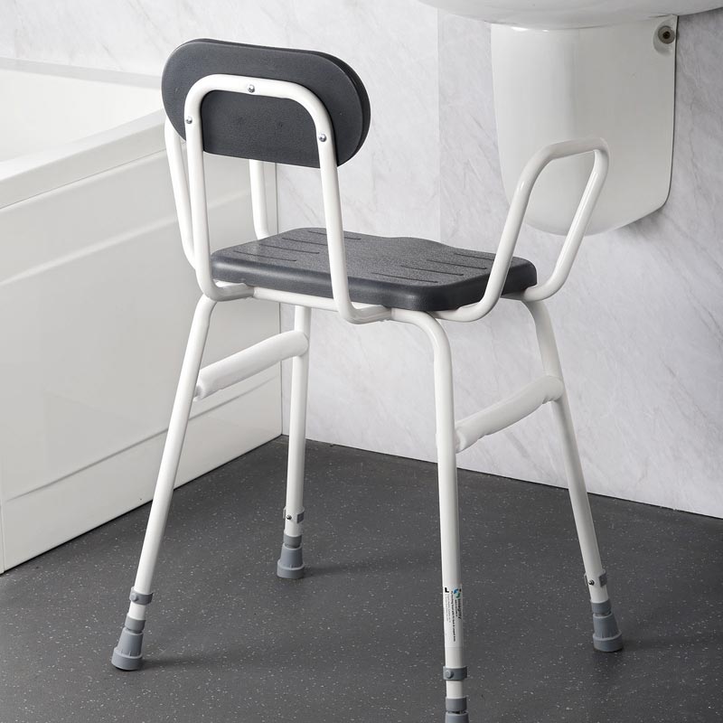 Perching Stool Grey PU Seat Padded Back Rest Loop Arms - Image 4